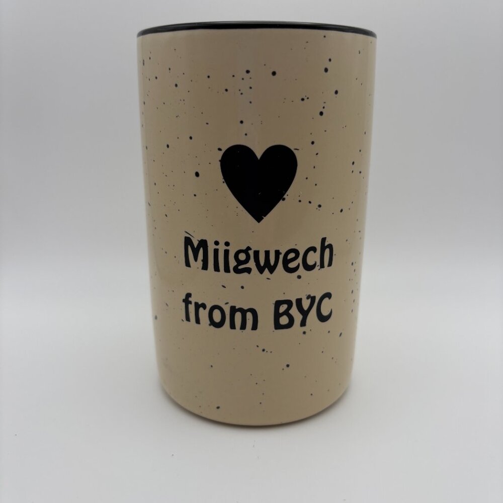 Creamy Speckled Off-White "Miigwech from BYC" Rustic Coffee Mug  (SKU: 303MI)